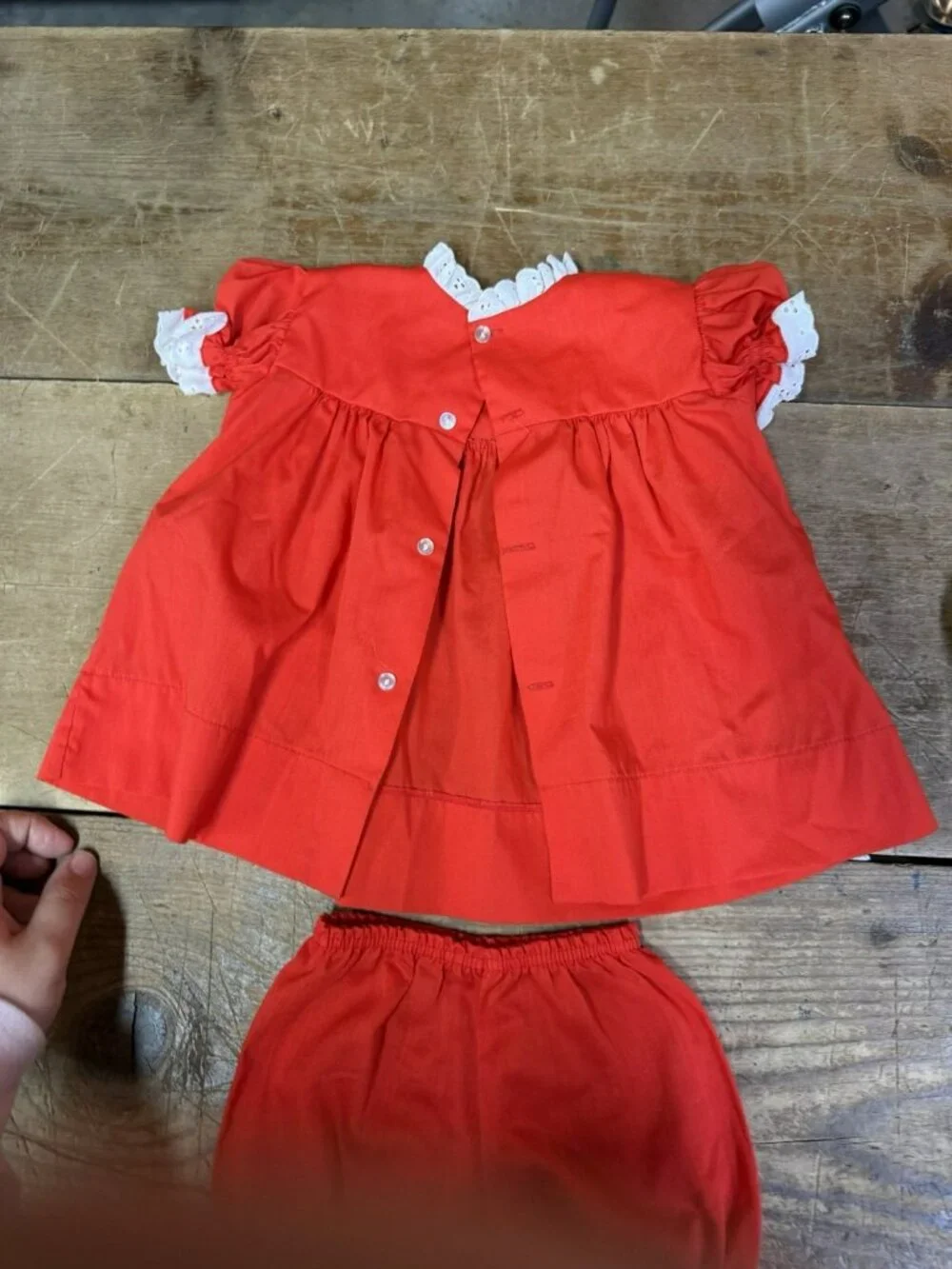 W/ BLOOMERS Vintage 1970s Bryan Red Baby Dress LARGE Fits 6-12M Lace Eyelet Trim
